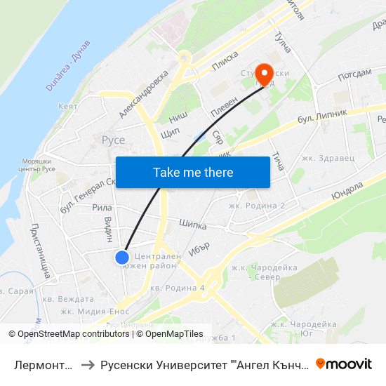 Лермонтов to Русенски Университет ""Ангел Кънчев"" map