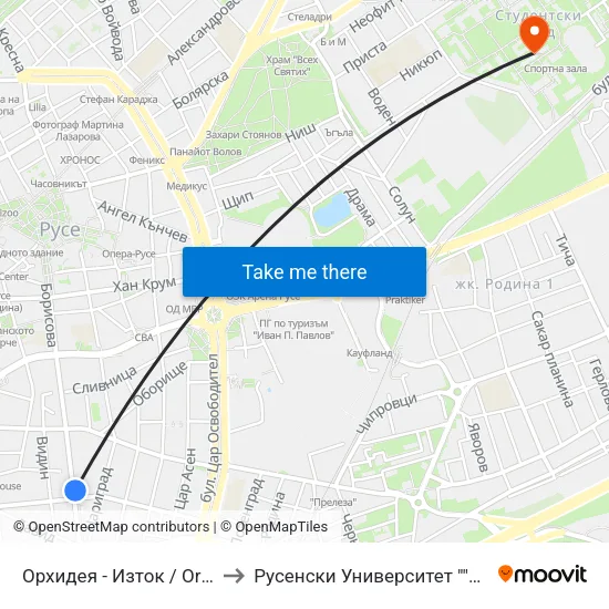 Орхидея - Изток / Orhideya - East to Русенски Университет ""Ангел Кънчев"" map