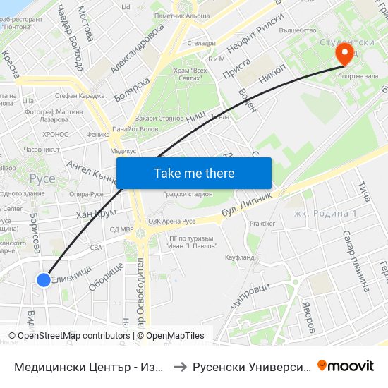 Медицински Център - Изток to Русенски Университет ""Ангел Кънчев"" map
