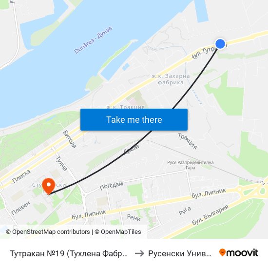 Тутракан №19 (Тухлена Фабрика) to Русенски Университет ""Ангел Кънчев"" map