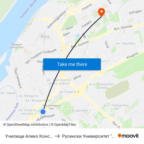 Училище Алеко Константинов - Юг to Русенски Университет ""Ангел Кънчев"" map