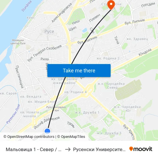 Мальовица 1 - Север / Malyovitsa 1 - North to Русенски Университет ""Ангел Кънчев"" map