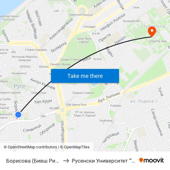 Борисова (Бивш Рибен Магазин) to Русенски Университет ""Ангел Кънчев"" map