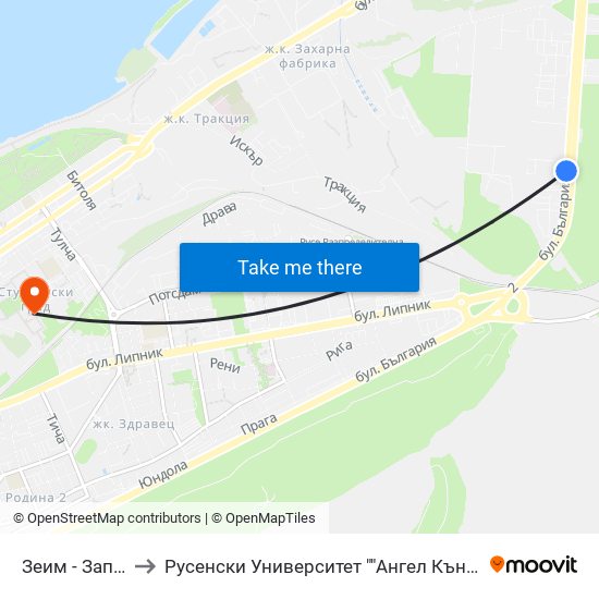 Зеим - Запад to Русенски Университет ""Ангел Кънчев"" map