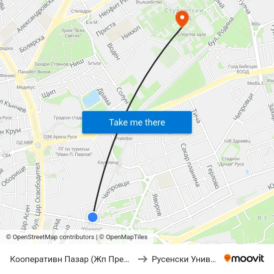 Кооперативн Пазар (Жп Прелез) / Cooperative Market (Railway Crossing) to Русенски Университет ""Ангел Кънчев"" map