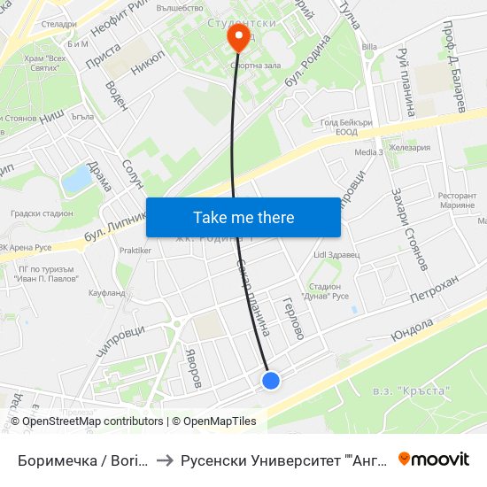 Боримечка / Borimechka to Русенски Университет ""Ангел Кънчев"" map