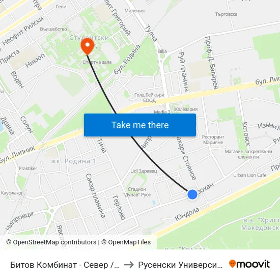 Битов Комбинат - Север / Home Appliances - North to Русенски Университет ""Ангел Кънчев"" map