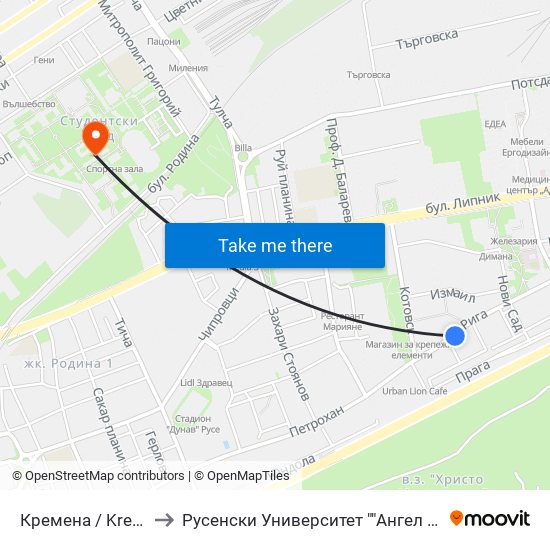 Кремена to Русенски Университет ""Ангел Кънчев"" map