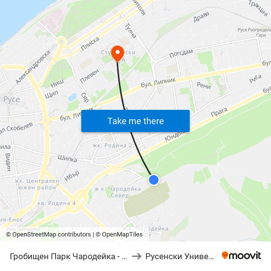 Гробищен Парк Чародейка - Север to Русенски Университет ""Ангел Кънчев"" map