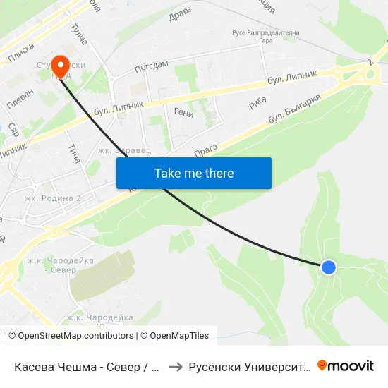 Касева Чешма - Север / Kaseva Cheshma - North to Русенски Университет ""Ангел Кънчев"" map