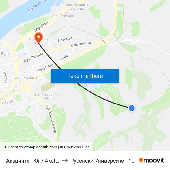 Вилна Зона Акациите - Юг to Русенски Университет ""Ангел Кънчев"" map