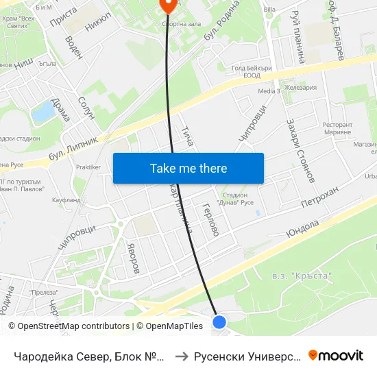 Чародейка Север, Блок №302 / Charodeyka North, Bl. 302 to Русенски Университет ""Ангел Кънчев"" map