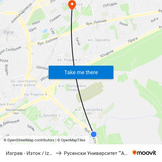 Изгрев - Изток to Русенски Университет ""Ангел Кънчев"" map