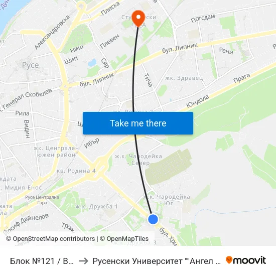 Блок №121 / Bl. 121 to Русенски Университет ""Ангел Кънчев"" map
