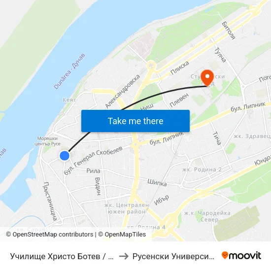 Училище Христо Ботев / Hristo Botev High School to Русенски Университет ""Ангел Кънчев"" map