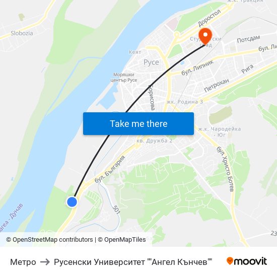 Метро to Русенски Университет ""Ангел Кънчев"" map