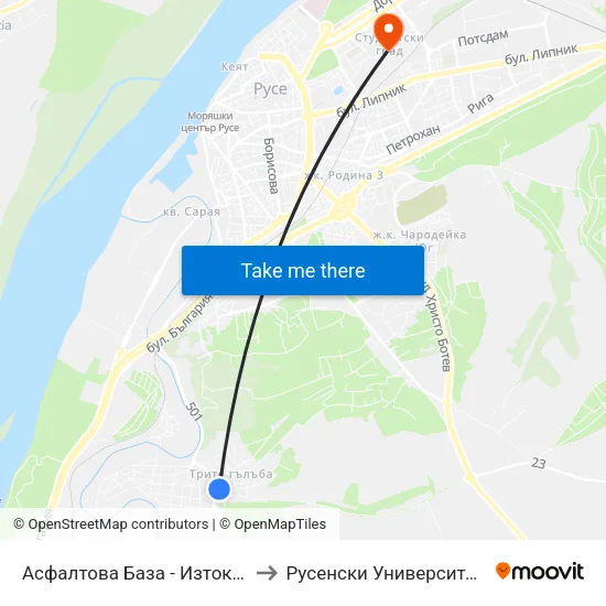 Асфалтова База - Изток / Asphalt Base - East to Русенски Университет ""Ангел Кънчев"" map