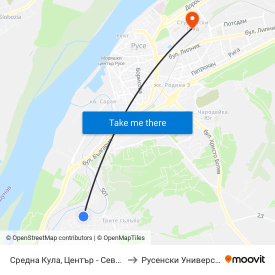 Кв. Средна Кула, Център - Север to Русенски Университет ""Ангел Кънчев"" map