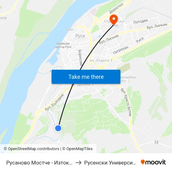 Русаново Мостче - Изток / Rusanovo Bridge - East to Русенски Университет ""Ангел Кънчев"" map