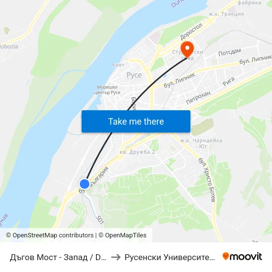Дъгов Мост - Запад / Dagov Bridge - West to Русенски Университет ""Ангел Кънчев"" map
