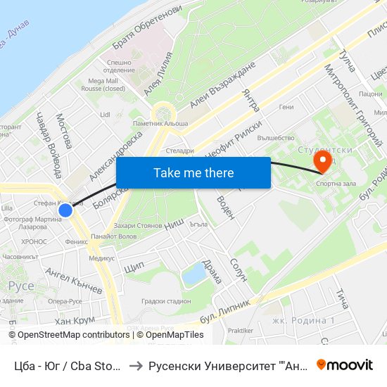 Цба - Юг to Русенски Университет ""Ангел Кънчев"" map