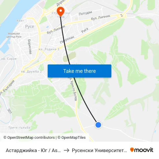 Астарджийка - Юг / Astardzhiyka - South to Русенски Университет ""Ангел Кънчев"" map