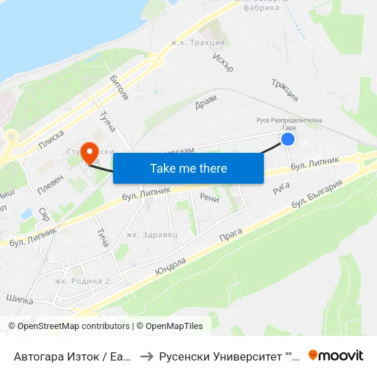 Автогара Изток / East Bus Station to Русенски Университет ""Ангел Кънчев"" map