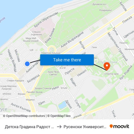 Детска Градина Радост to Русенски Университет ""Ангел Кънчев"" map