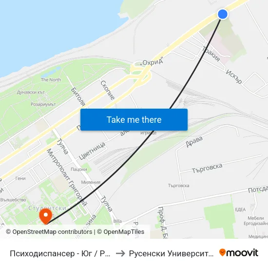 Психодиспансер - Юг / Psychiatric Clinic - South to Русенски Университет ""Ангел Кънчев"" map