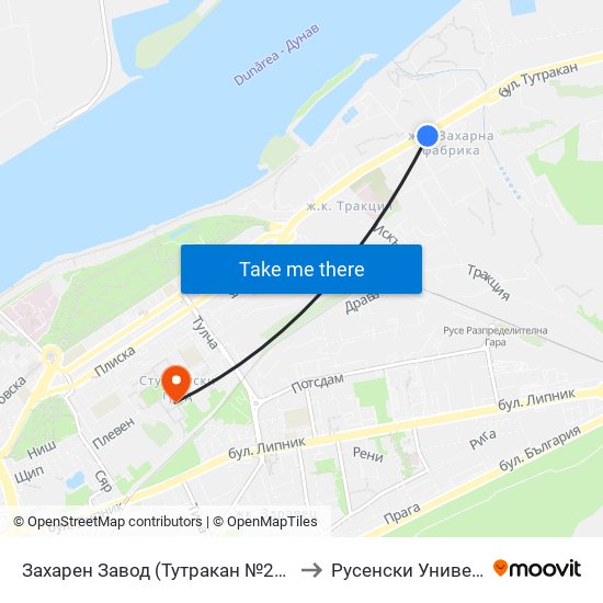 Захарен Завод (Тутракан №26) / Sugar Factory (26 Tutrakan Boulevard) to Русенски Университет ""Ангел Кънчев"" map