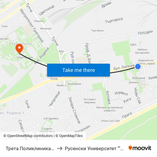 Трета Поликлиника (Мол Русе) to Русенски Университет ""Ангел Кънчев"" map