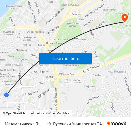 Математическа Гимназия - Юг to Русенски Университет ""Ангел Кънчев"" map