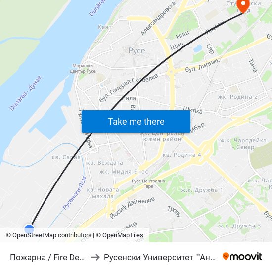 Пожарна / Fire Department to Русенски Университет ""Ангел Кънчев"" map