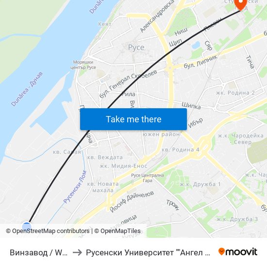 Винзавод to Русенски Университет ""Ангел Кънчев"" map