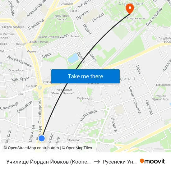 Училище Йордан Йовков (Кооперативен Пазар) / Yordan Yovkov High School (Cooperative Market) to Русенски Университет ""Ангел Кънчев"" map