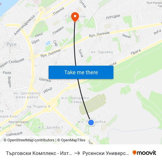 Търговски Комплекс - Изток / Shopping Complex - East to Русенски Университет ""Ангел Кънчев"" map