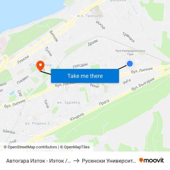 Автогара Изток - Изток to Русенски Университет ""Ангел Кънчев"" map