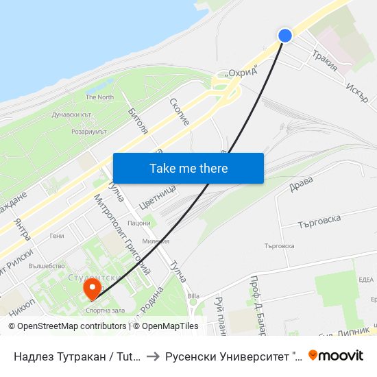 Надлез Тутракан / Tutrakan Overpass to Русенски Университет ""Ангел Кънчев"" map