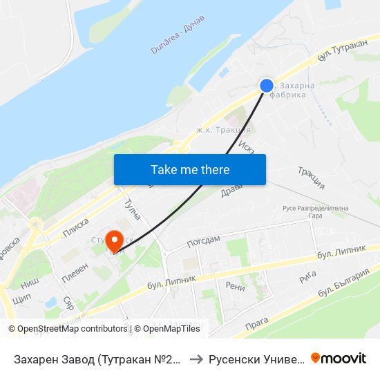 Захарен Завод (Тутракан №25) / Sugar Factory (25 Tutrakan Boulevard) to Русенски Университет ""Ангел Кънчев"" map