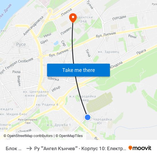 Блок №115 - Юг to Ру ""Ангел Кънчев"" - Корпус 10: Електротехника, Електроника И Автоматика 1 map