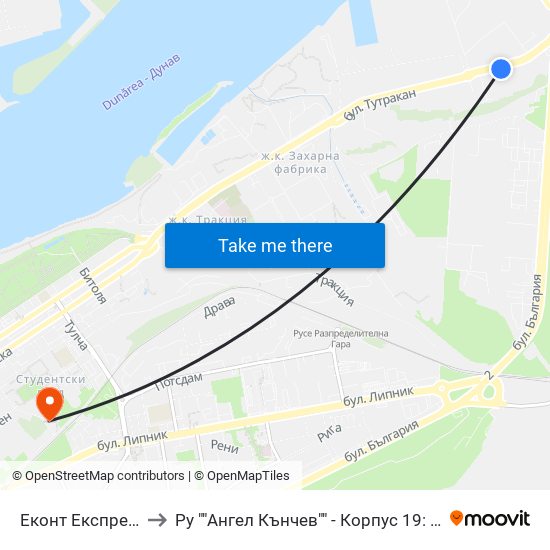 Еконт Експрес (Домостроене Ад) to Ру ""Ангел Кънчев"" - Корпус 19: Екология И Опазване На Околната Среда 1 map