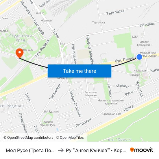 Мол Русе (Трета Поликлиника) to Ру ""Ангел Кънчев"" - Корпус 19: Екология И Опазване На Околната Среда 1 map