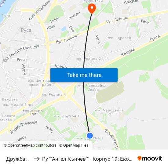 Дружба 3, Блок №10 / Druzhba 3, Bl. 10 to Ру ""Ангел Кънчев"" - Корпус 19: Екология И Опазване На Околната Среда 1 map