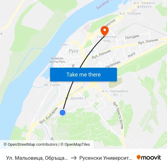 Ул. Мальовица, Обръщалото / Malyovitsa Street, Terminus to Русенски Университет ""Ангел Кънчев"" - Корпус 2 map