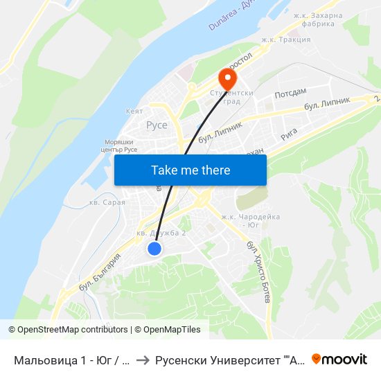 Мальовица 1 - Юг to Русенски Университет ""Ангел Кънчев"" - Корпус 2 map