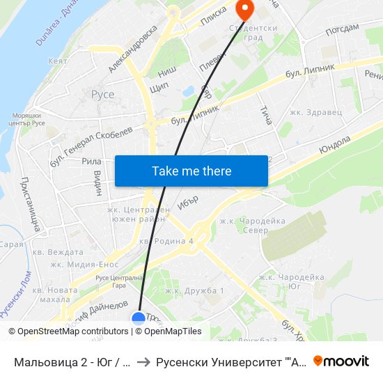 Мальовица 2 - Юг / Malyovitsa 2 - South to Русенски Университет ""Ангел Кънчев"" - Корпус 2 map