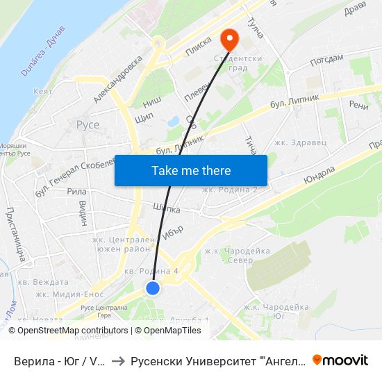 Верила - Юг / Verila - South to Русенски Университет ""Ангел Кънчев"" - Корпус 2 map