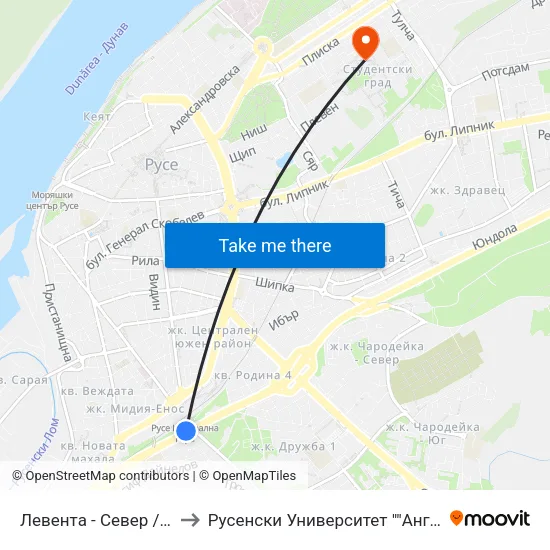 Левента - Север / Leventa - North to Русенски Университет ""Ангел Кънчев"" - Корпус 2 map