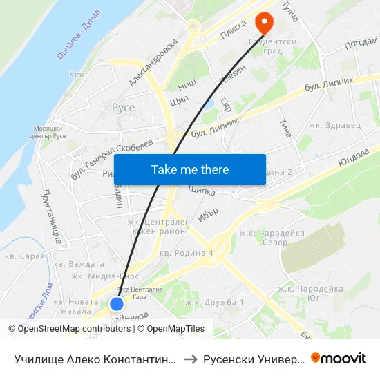 Училище Алеко Константинов - Север / Aleko Konstantinov Primary School - North to Русенски Университет ""Ангел Кънчев"" - Корпус 2 map