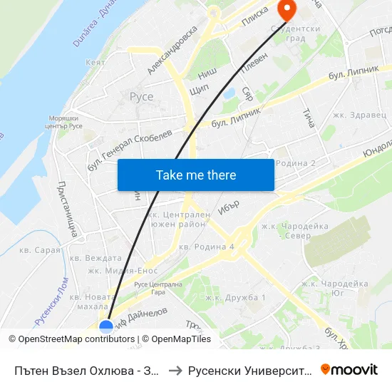 Пътен Възел Охлюва - Запад / Ohliuva Road Junction - West to Русенски Университет ""Ангел Кънчев"" - Корпус 2 map